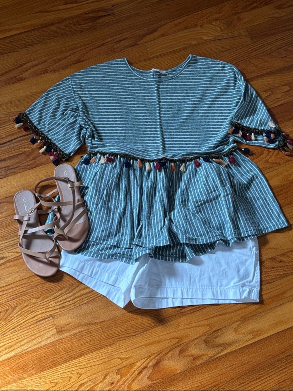 Blue/White Striped Tassel Trim Peplum Top